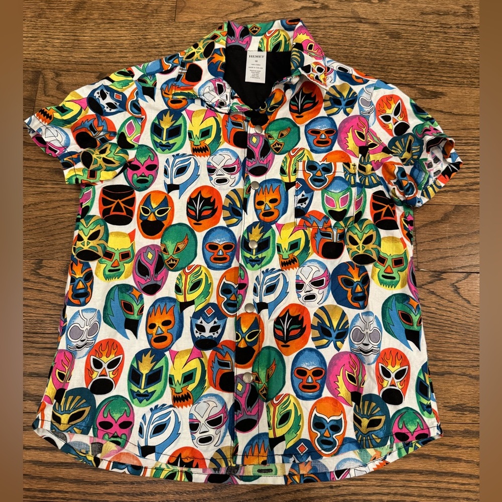HEMET Lucha Libre Mask Button Down Shirt Size 10 Colorful Wrestler Mask Print